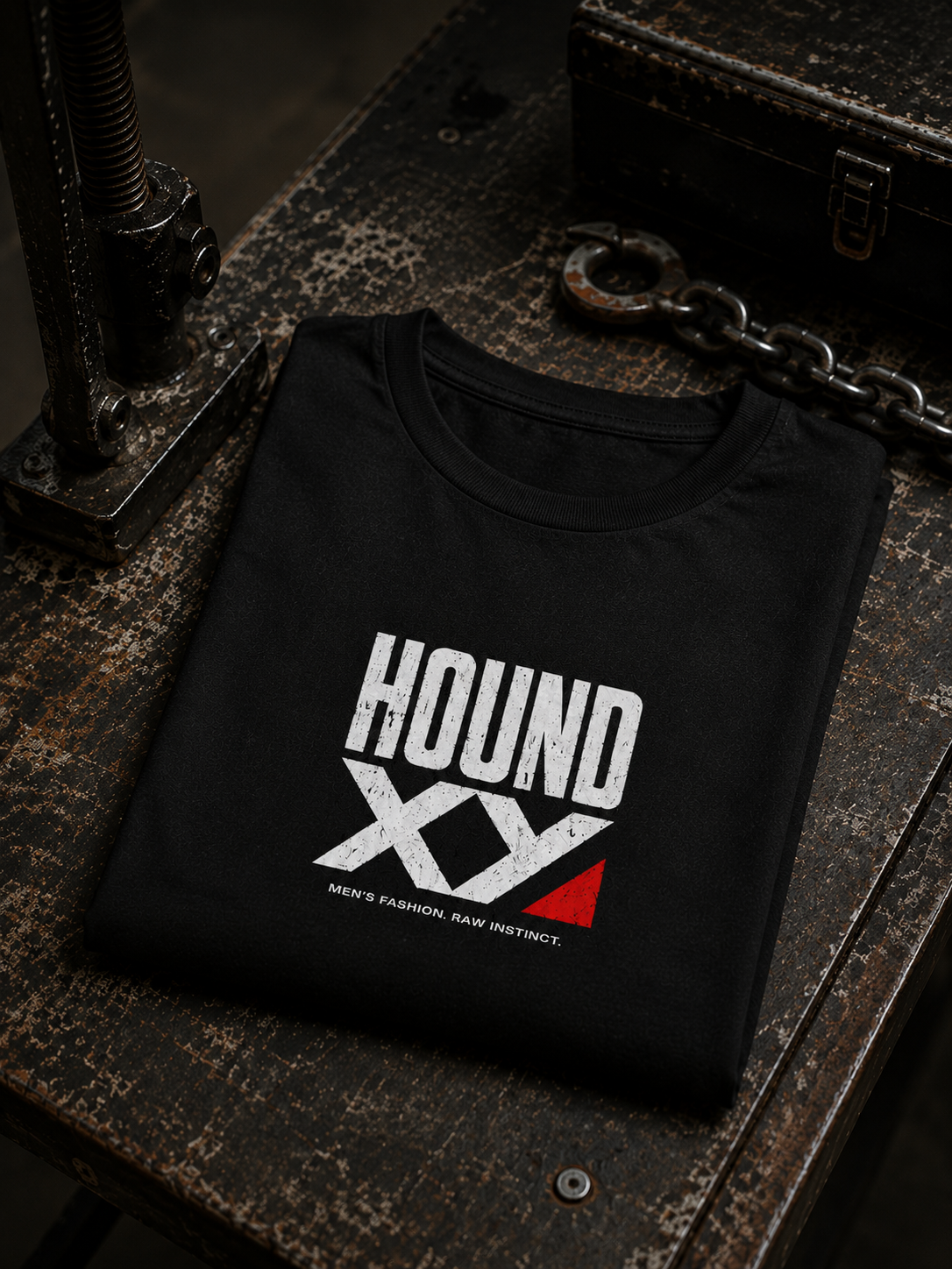 A folded black t-shirt with a distressed white 'HOUND XY' logo and a small red accent, displayed on a rustic, weathered metal workbench with a chain and lockbox nearby.